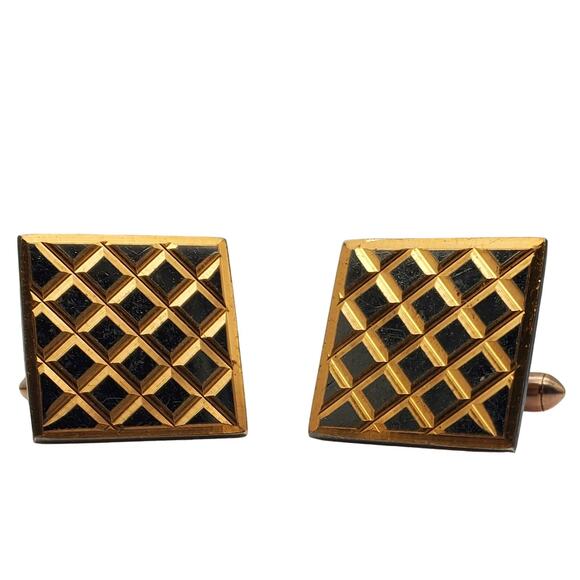 Square Black & Gold Tone Cufflinks Lattice Retro Grid Geometric Vintage Mens - Picture 2 of 10